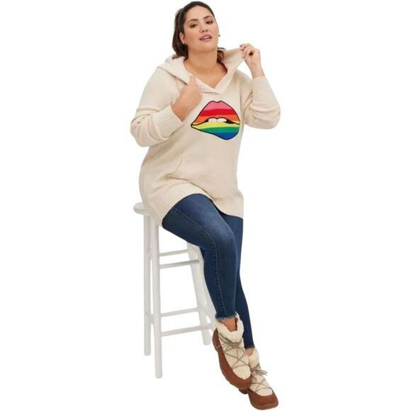 Torrid Raglan Hoodie Sweater - Pullover Rainbow Lips Oatmeal 3 3x - Picture 1 of 8